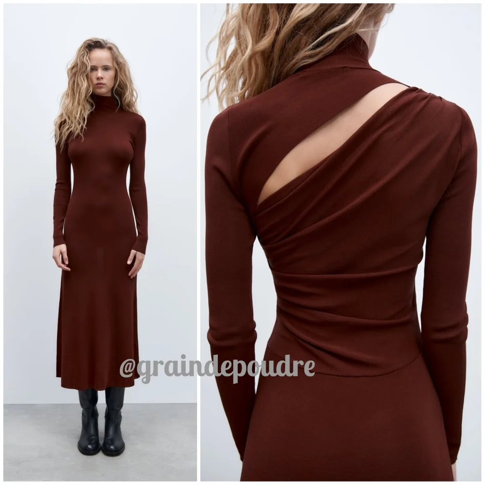 Rare! Zara Chocolate Brown Mock Neck Back Cutout Slit Knit Maxi Swing Dress S - Picture 1 of 6